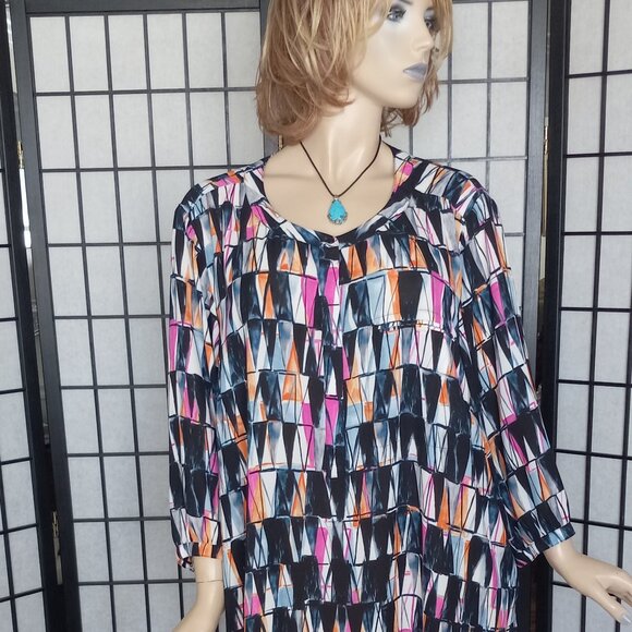 NYDJ Plus 3X Abstract Tunic Blouse NWOT Asymmetrical Hem Multi Color - Picture 1 of 8